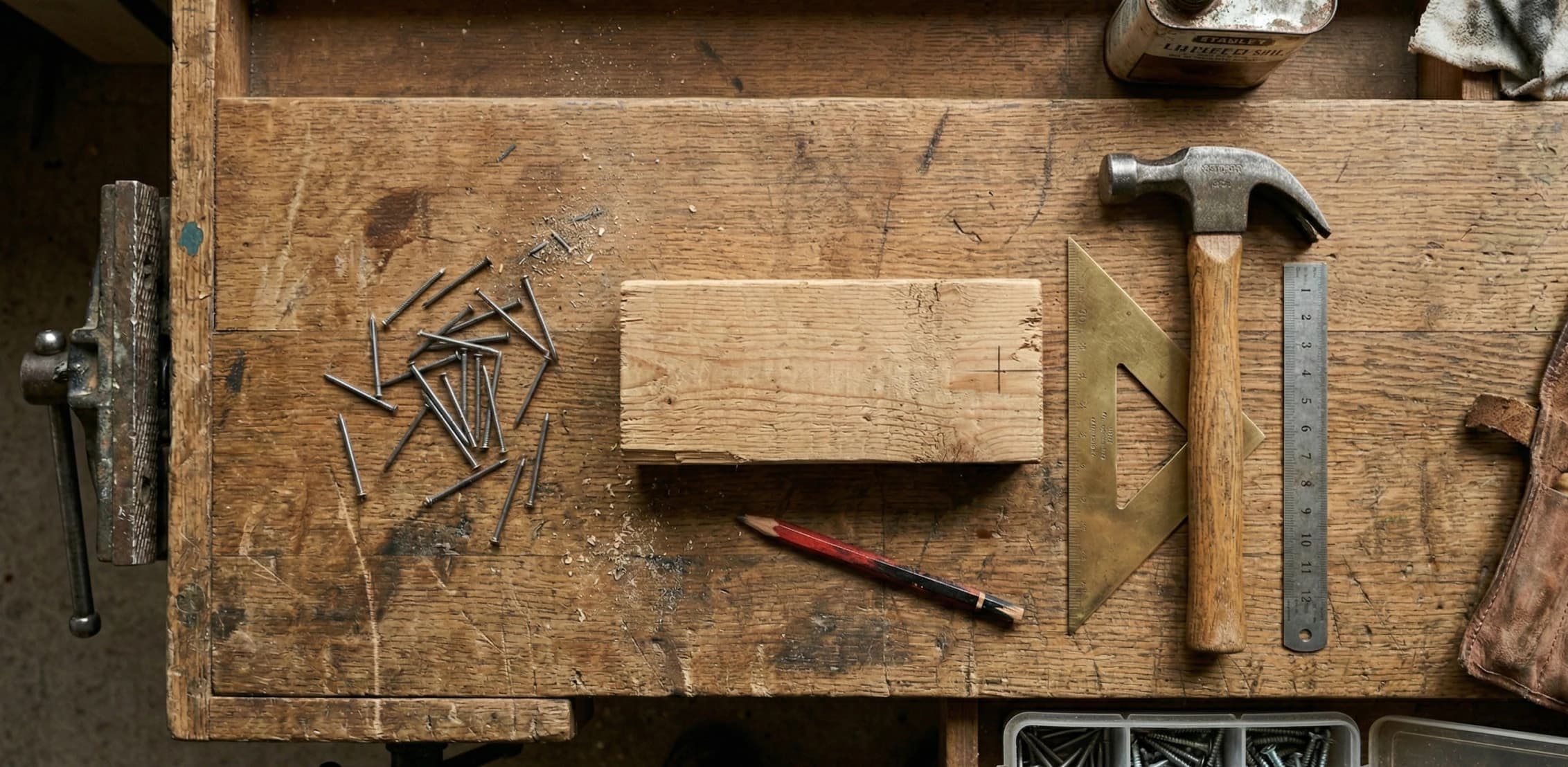Wood block, nails, pencil, ruler, and carpentry tools arranged on a workbench