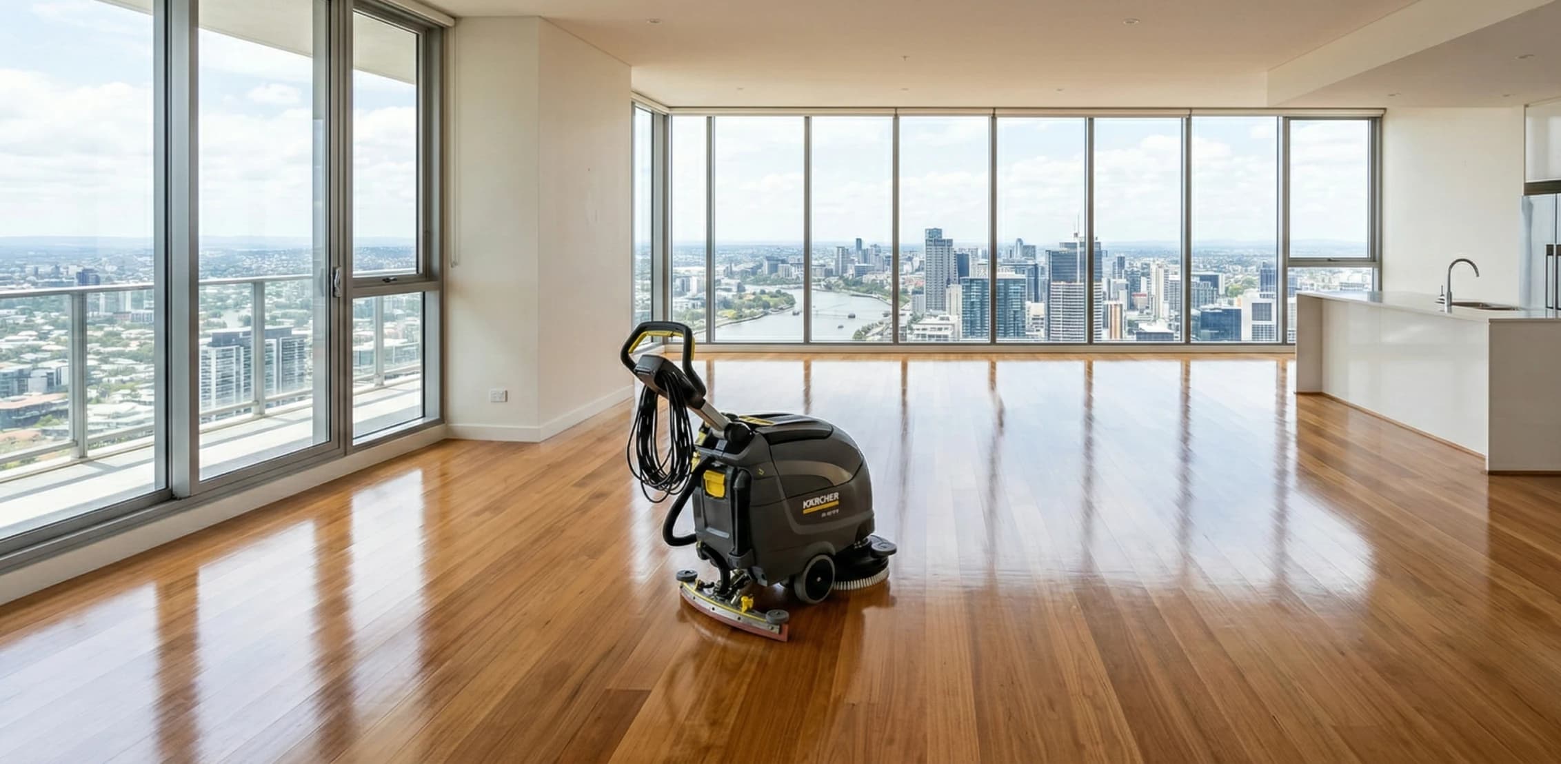 Floor-cleaning machine on the polished floor of an empty high-rise apartment