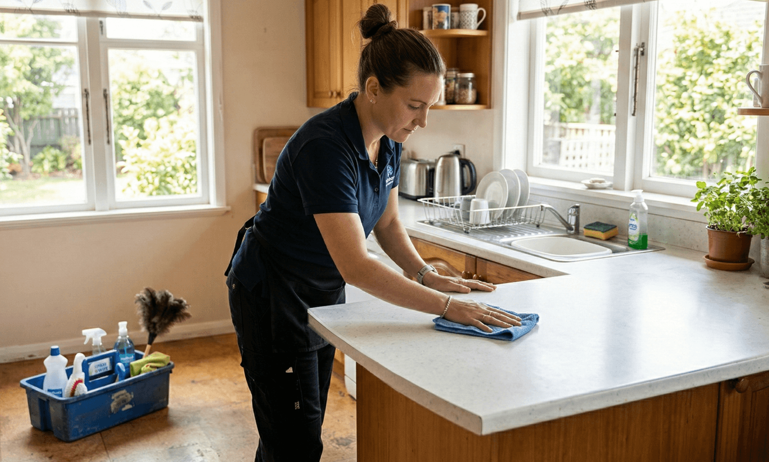 Cleaner standing in an apartment living room