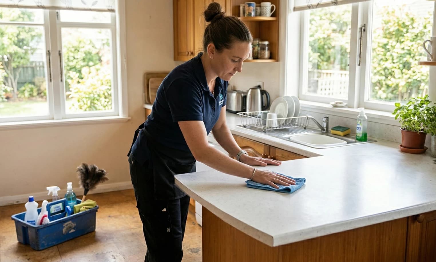 House cleaner wiping down a kitchen island in a client's home with cleaning supplies nearby