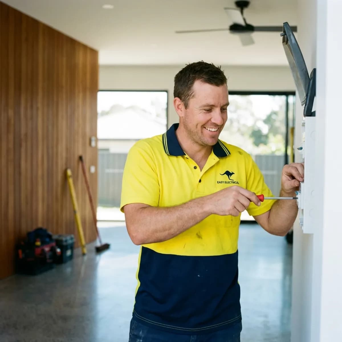 Happy electrician fixing a light fixture, using TREVY to manage his business