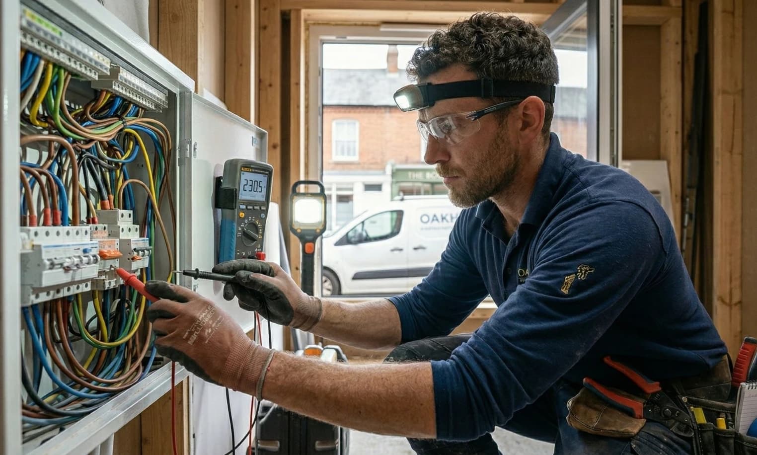 Electrician testing wiring inside an electrical panel while wearing safety glasses and a headlamp