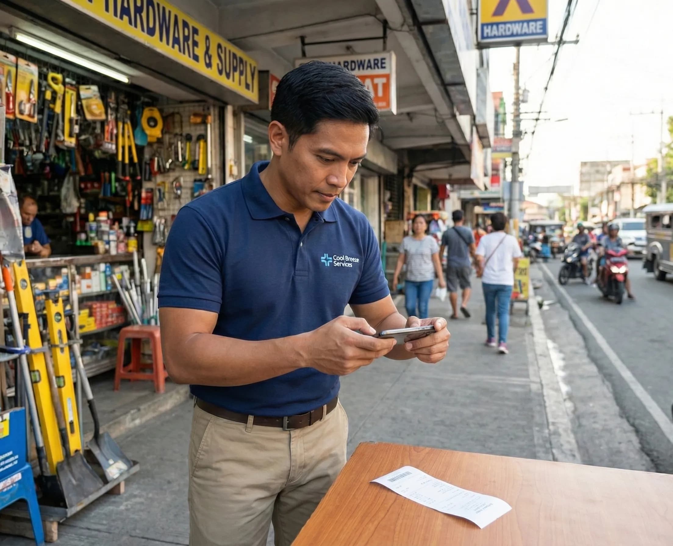 Filipino business owner taking a photo of a receipt to track expenses using the mobile app.