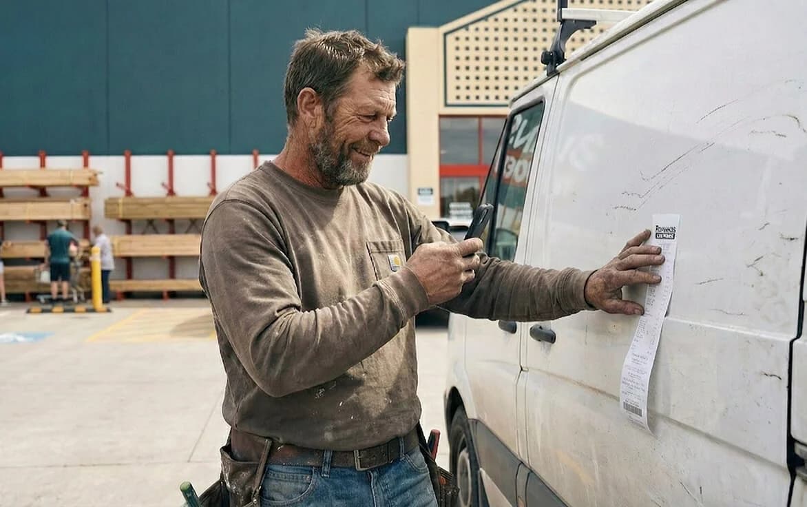 Small business owner taking a photo of a receipt for expense tracking and tax management using a mobile app.