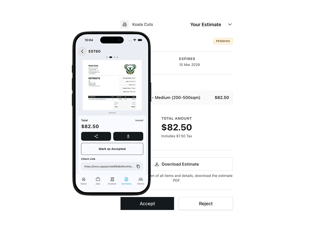 A carpenter standing next to a female client holding his phone in the family kitchen. He is pointing at the old kitchen cupboard and he is running through the estimate with the client as he adds it to the estimate in the TREVY app - he will send it when he heads to the next job