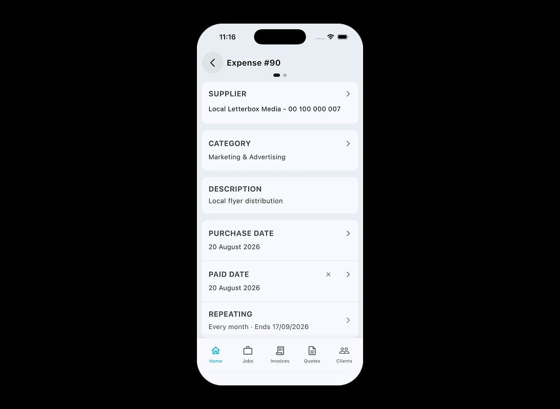 TREVY mobile app showing an expense form with supplier, category, dates, and a repeating schedule