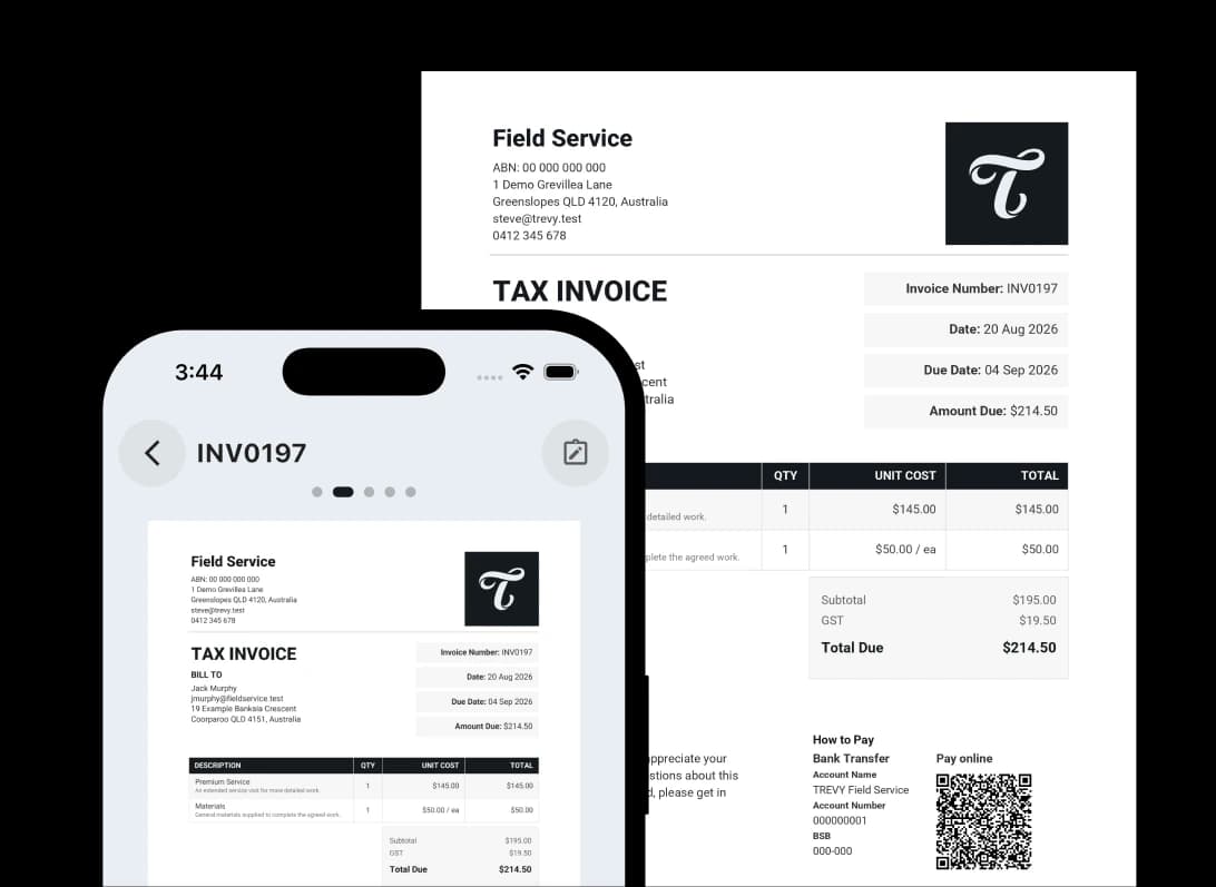 TREVY invoicing app showing a professional tax invoice with bank transfer details and an online payment QR code