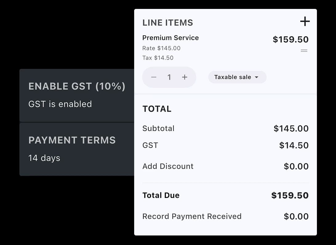 TREVY quote editor showing line items, GST, payment terms and expiry settings