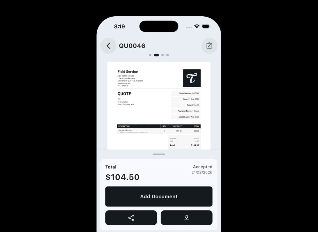 Accepted TREVY quote with total, PDF preview and document actions