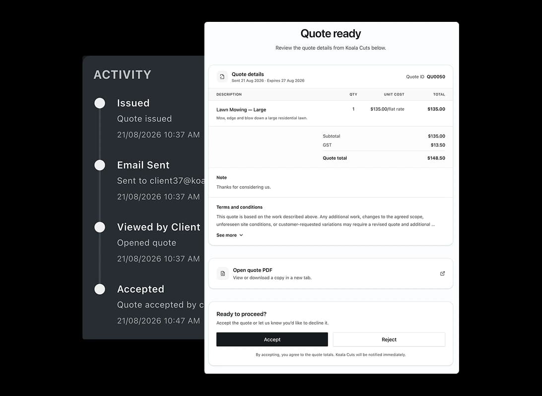 TREVY quote activity timeline and client portal with accept and reject options
