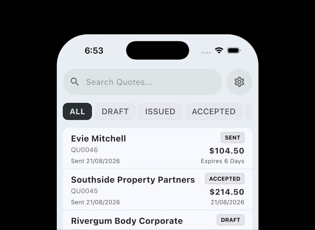 TREVY quote list showing draft, sent and accepted customer quotes