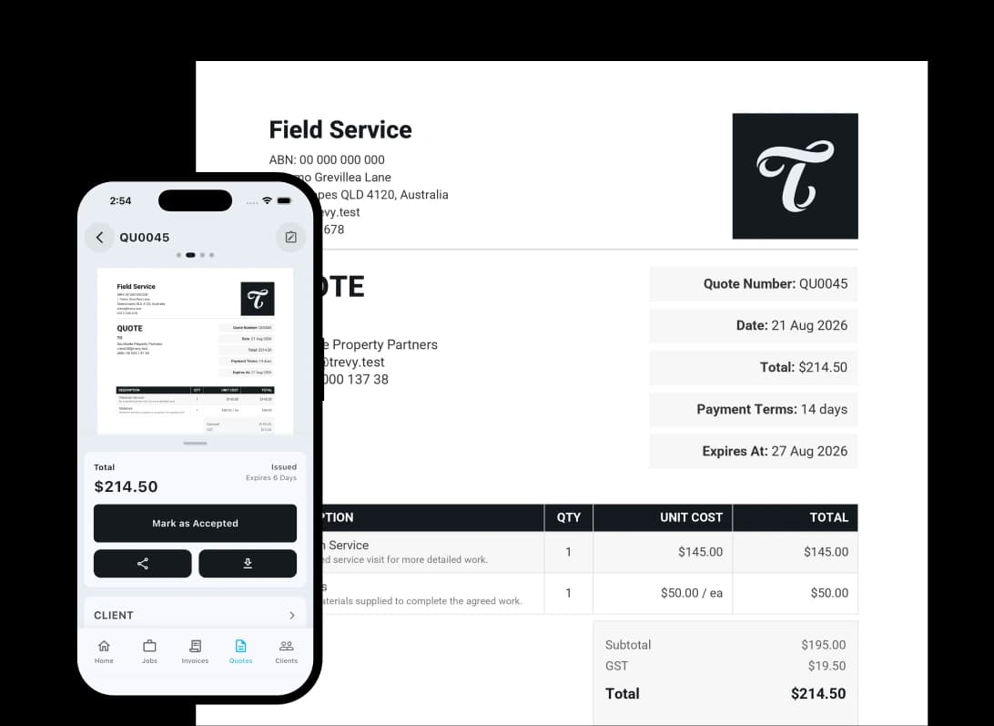 TREVY mobile quote preview beside a branded customer quote PDF