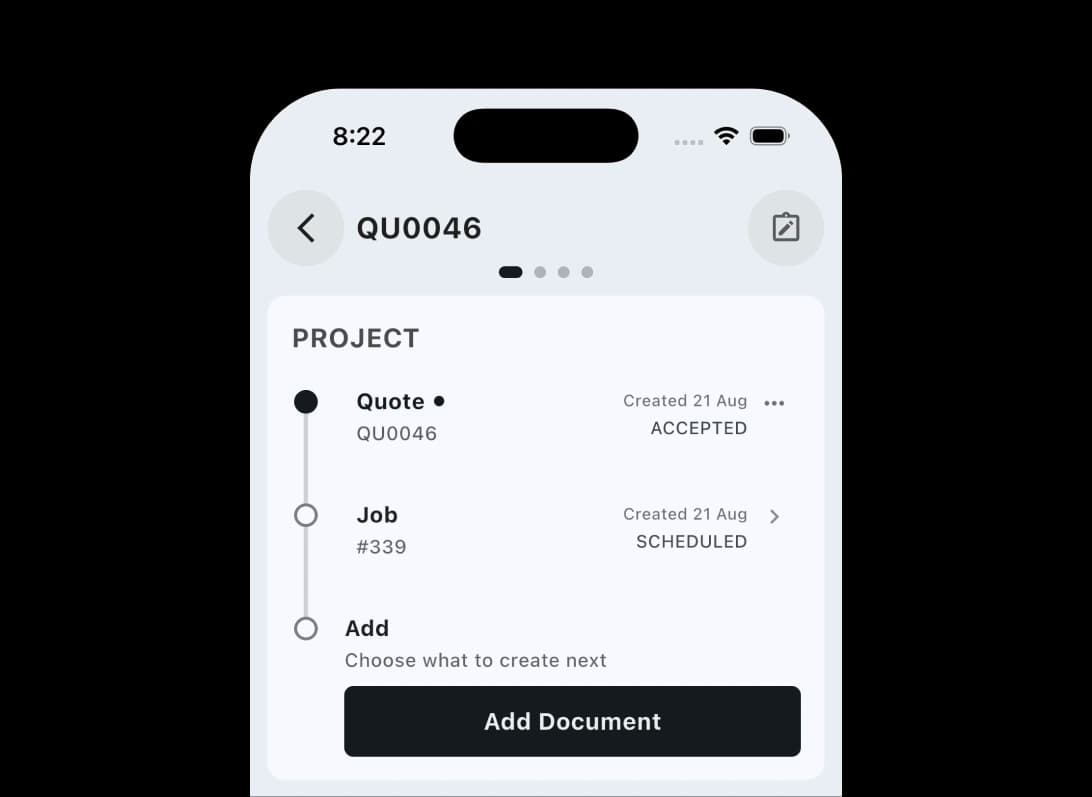 TREVY project timeline connecting an accepted quote to a scheduled job