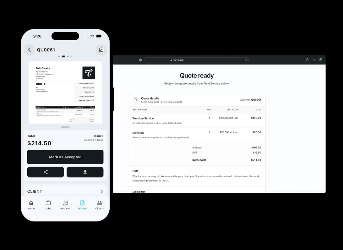 TREVY quote app preview beside a customer portal with quote details and Accept and Reject buttons