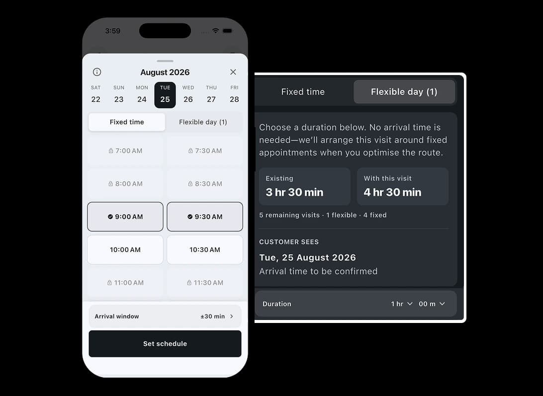TREVY job scheduling app showing fixed appointment slots, arrival windows and flexible-day route optimisation