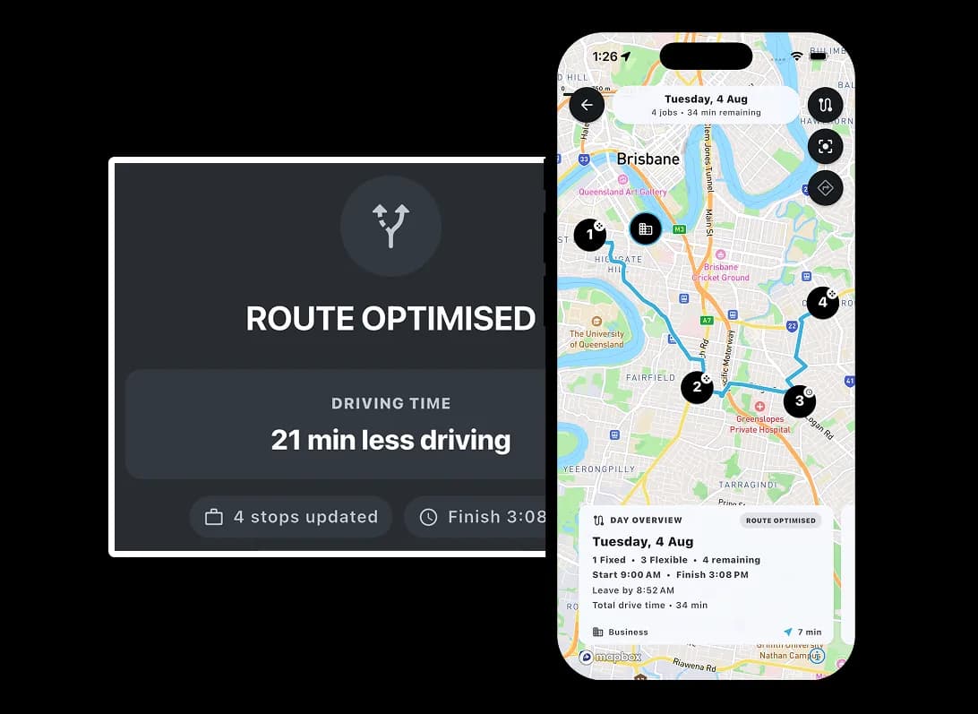 TREVY route-optimised job schedule showing four stops and 21 minutes less driving