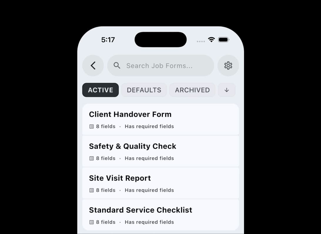 TREVY mobile job forms screen listing active handover, safety, site visit, and service checklist forms