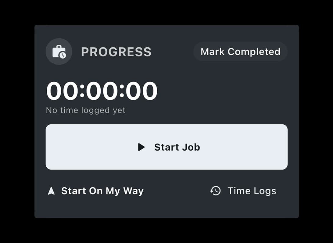 TREVY job progress panel with controls to start the job, mark it complete, share On My Way status, and view time logs