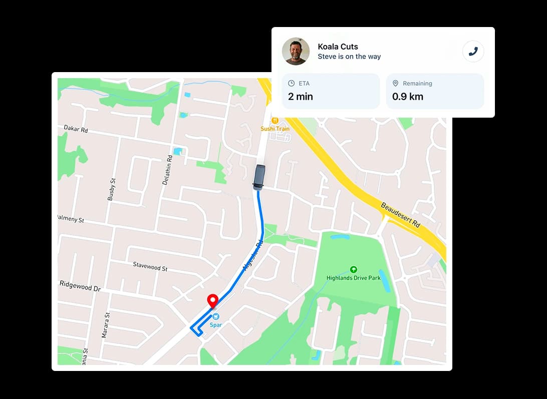 TREVY On My Way customer tracking map showing a technician's live route, estimated arrival time and remaining distance