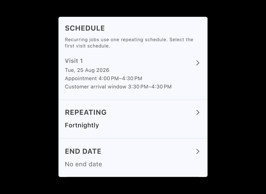 TREVY recurring job scheduling settings showing a first visit, fortnightly repeat and no end date