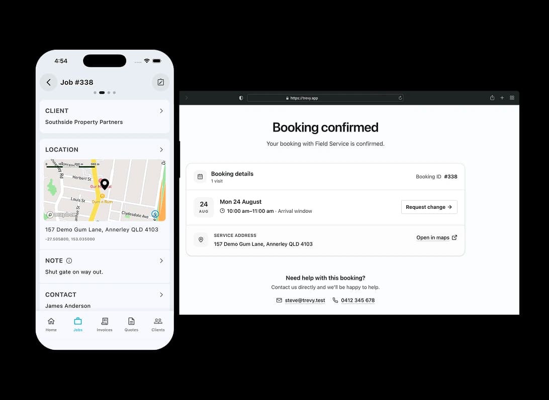 TREVY field service job details beside a customer portal with booking confirmation, arrival window and change request