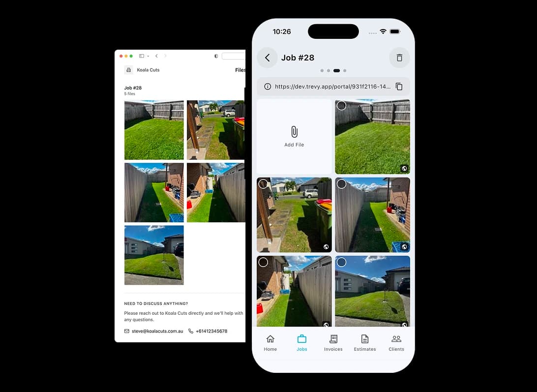 Completed job photos shown in TREVY and shared through the client portal