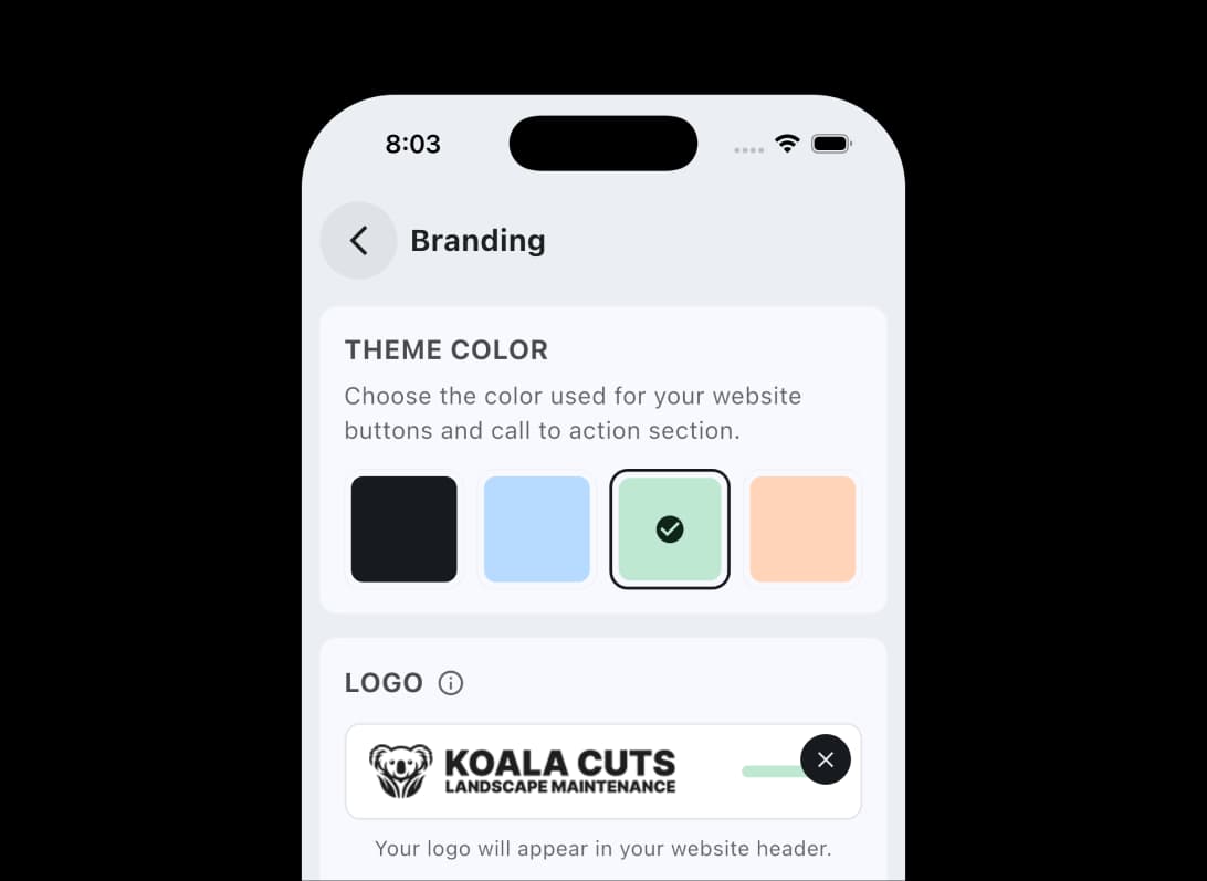 Website branding settings in the TREVY app