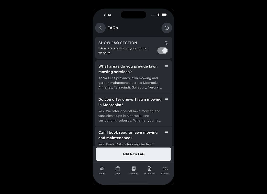 Website frequently asked questions in the TREVY app
