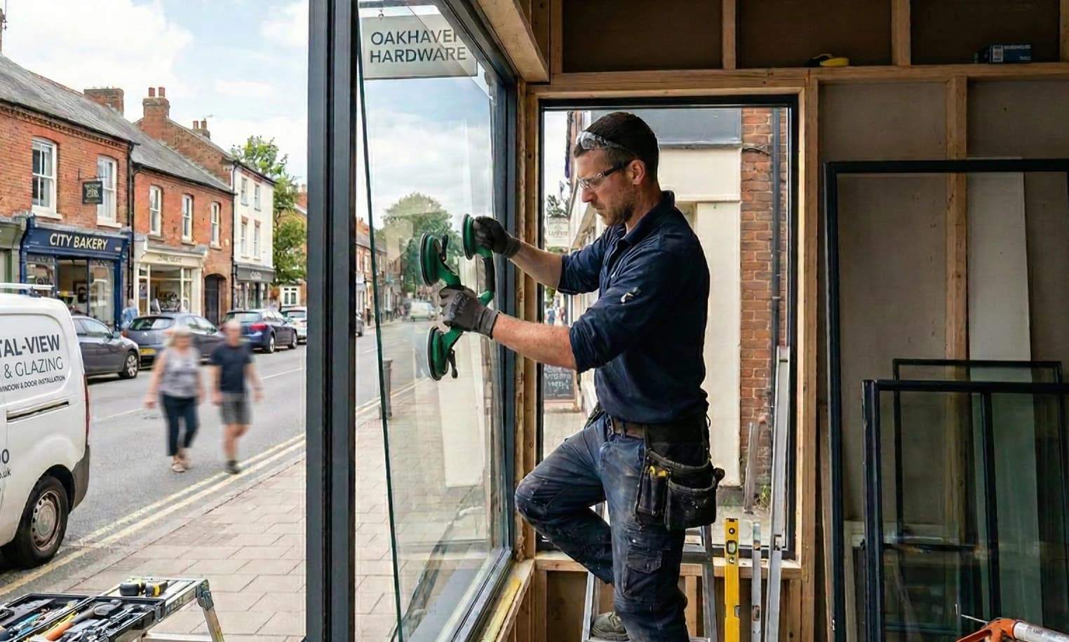 Glazier positioning a large pane of glass into a storefront window using suction lifters
