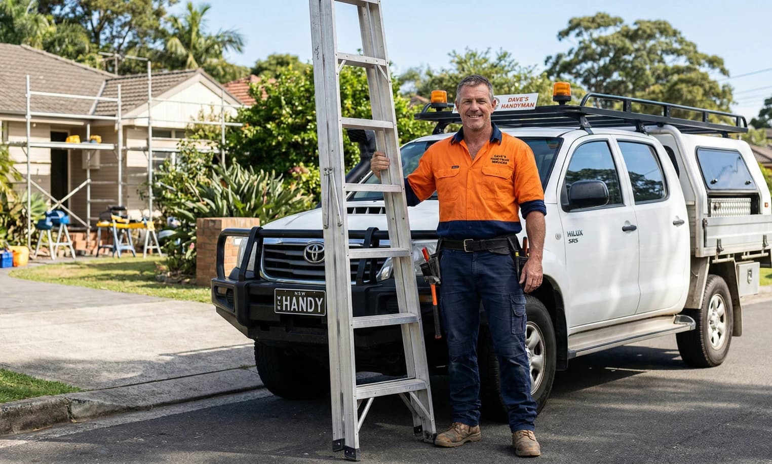 Handyman standing beside a work ute and ladder outside a residential job site