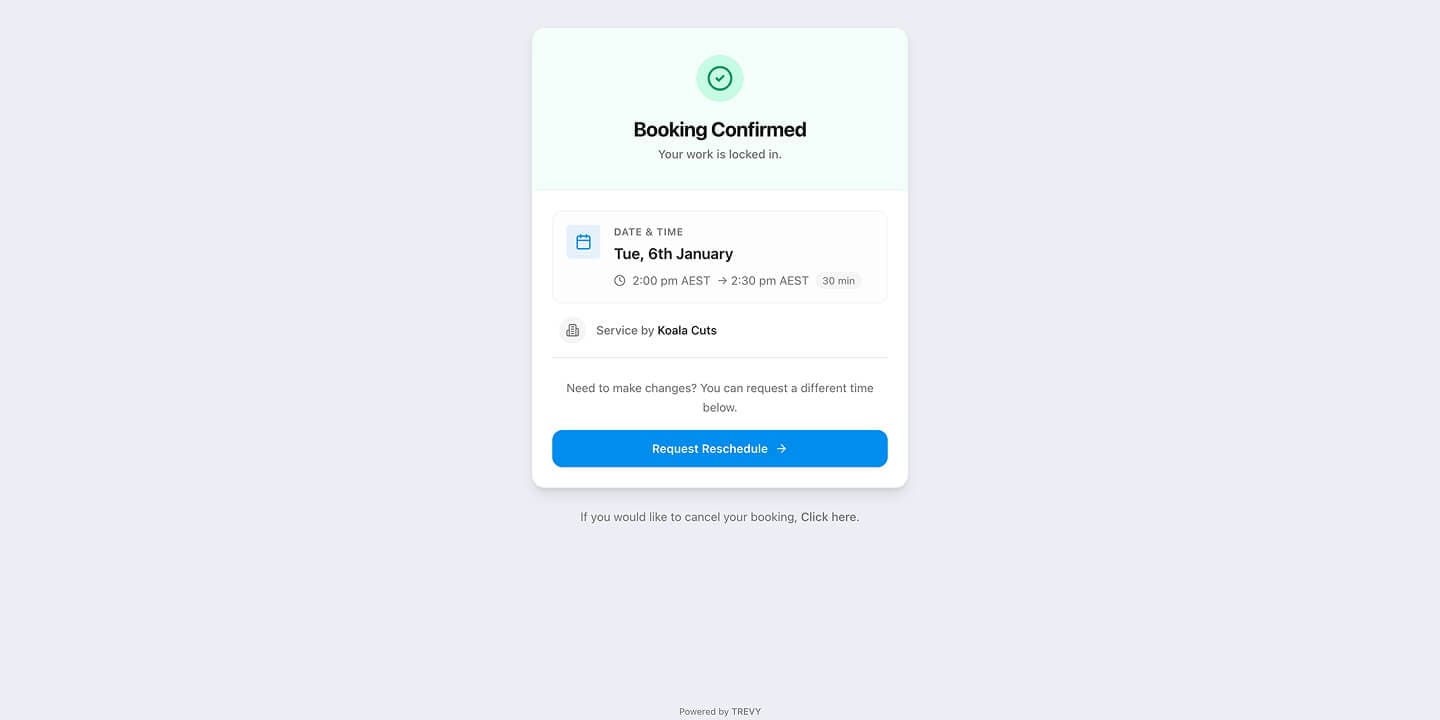 Automated booking confirmation viewed in browser
