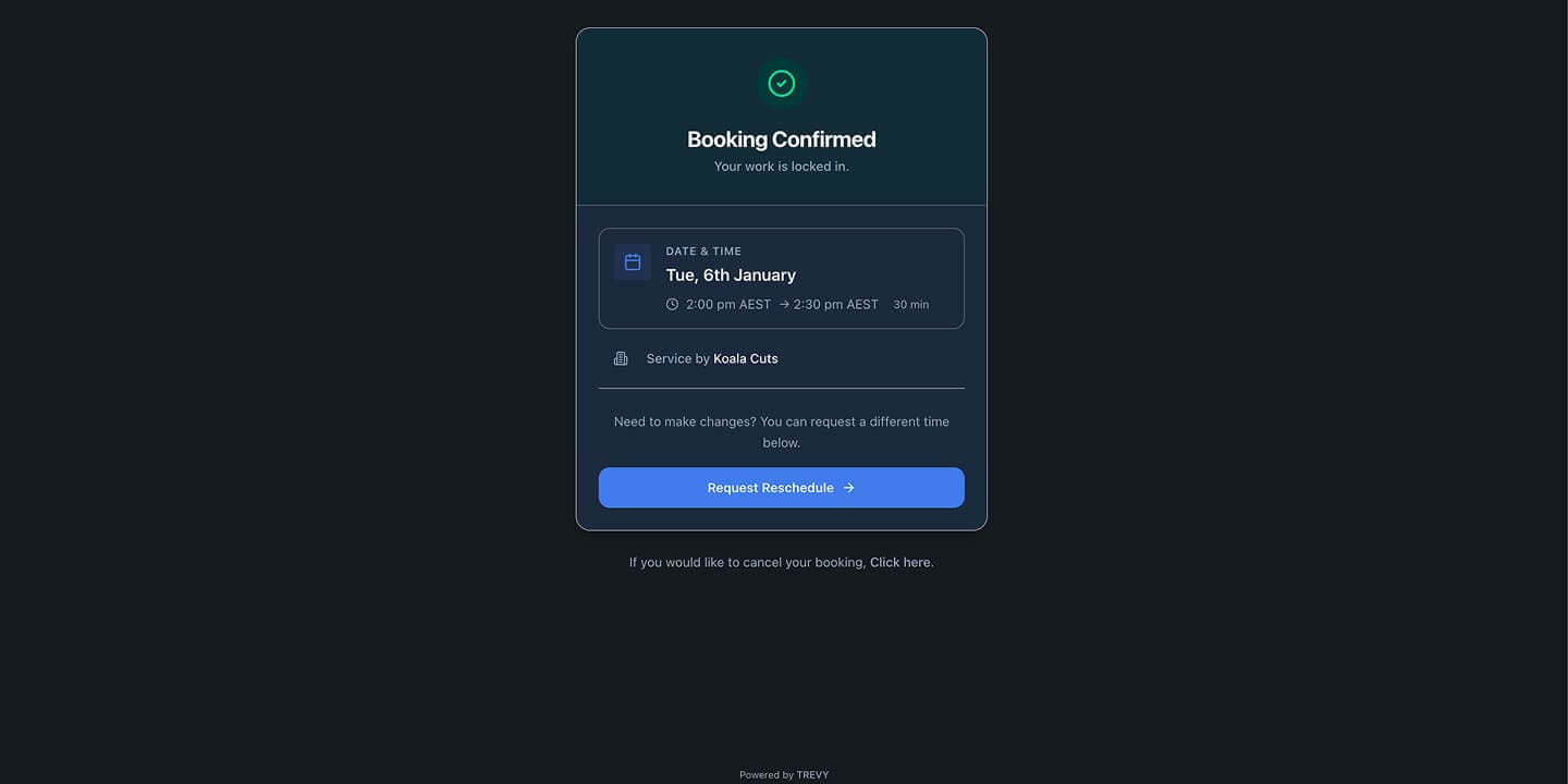 Automated booking confirmation viewed in browser