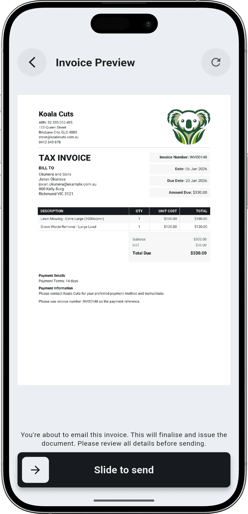 Job completion and invoicing on mobile