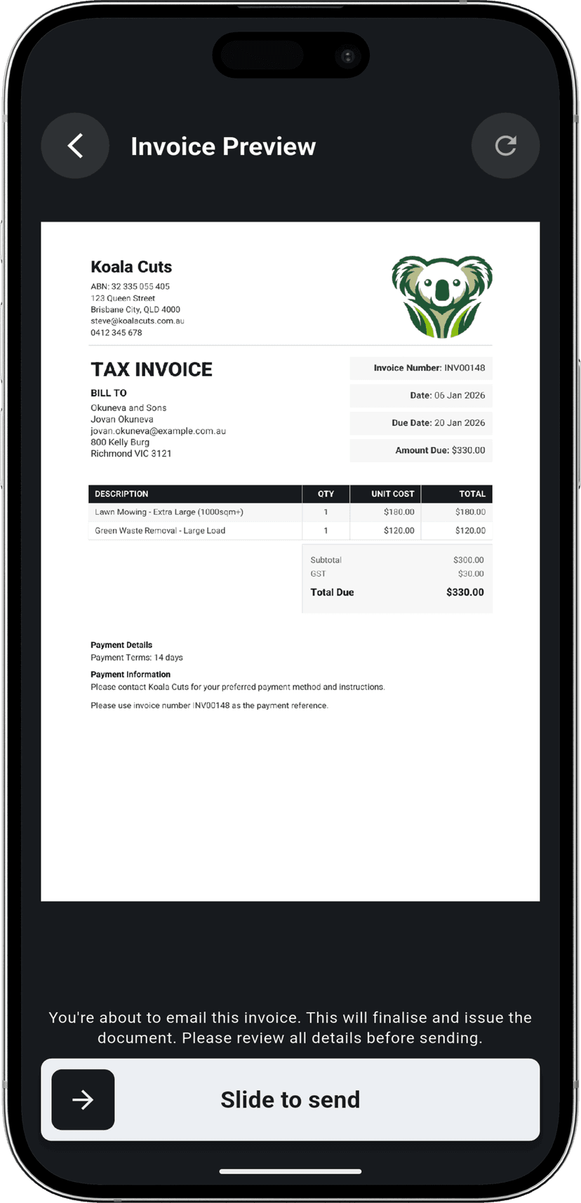 Job completion and invoicing on mobile