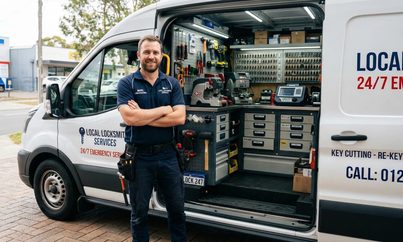 Locksmith standing beside an open service van stocked with key cutting and lock repair equipment