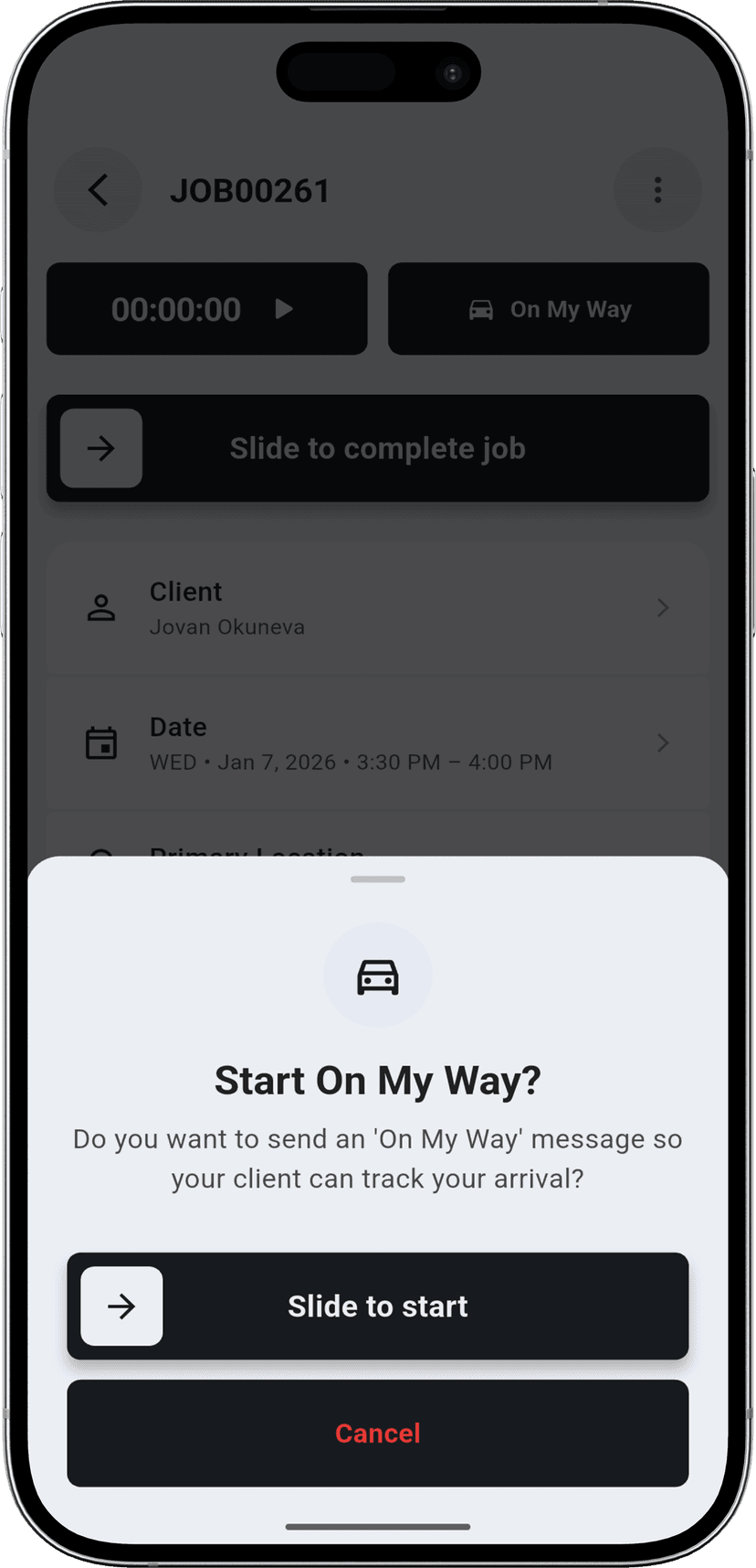 Slide to Start step - Sliding to activate on my way status