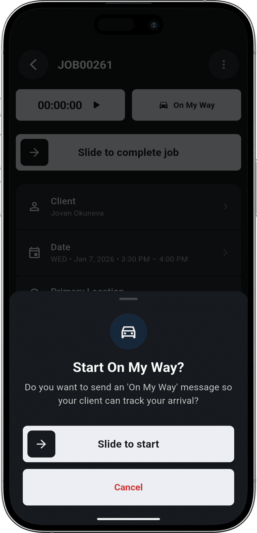 Slide to Start step - Sliding to activate on my way status