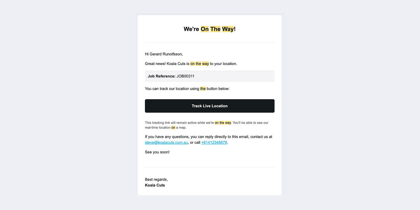 Client Notified step - Preview of email notification sent to client