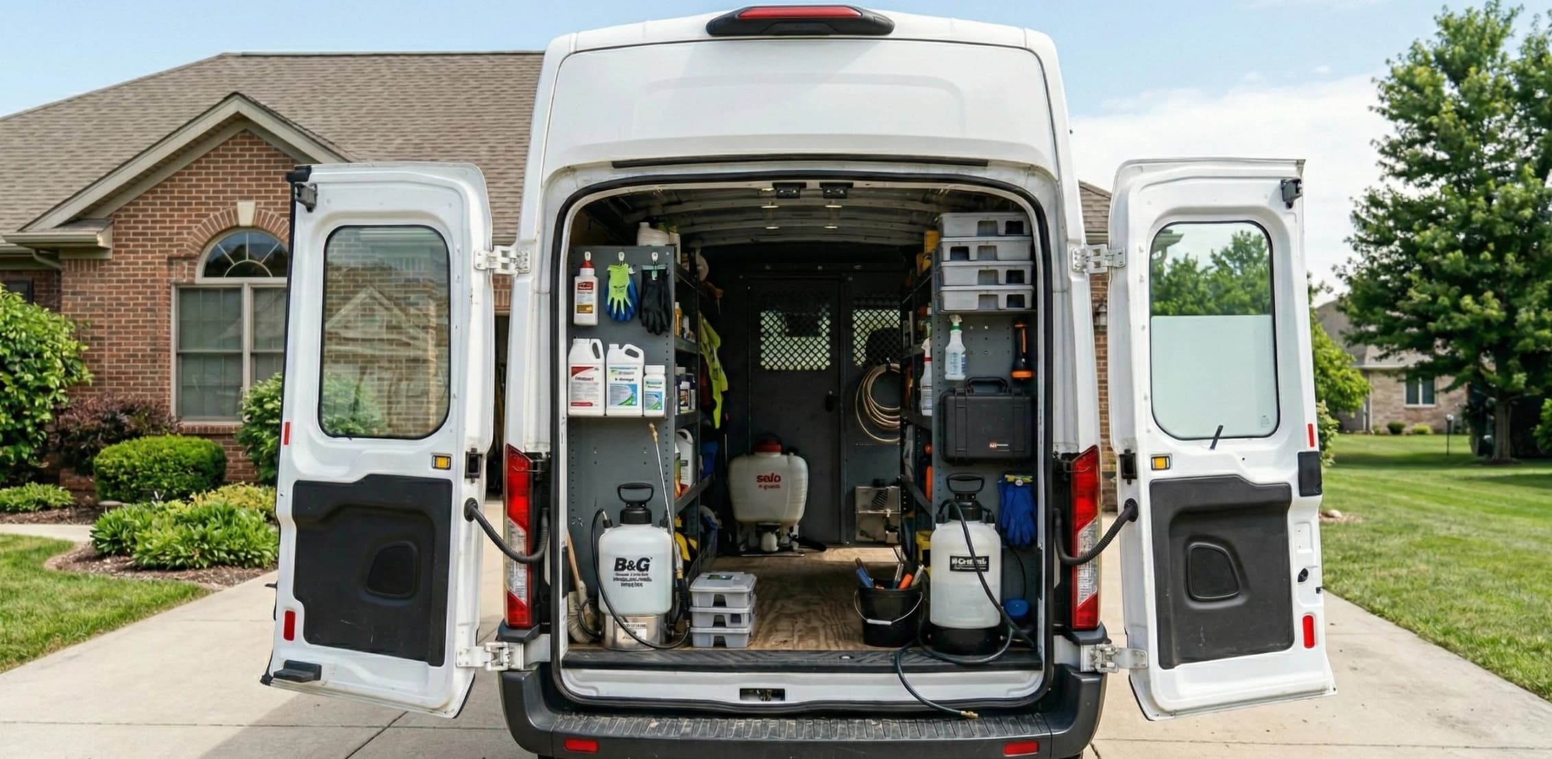 Open pest control service van stocked with spray tanks and supplies