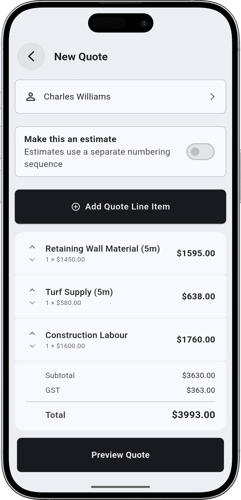 Building a quote on site with mobile app