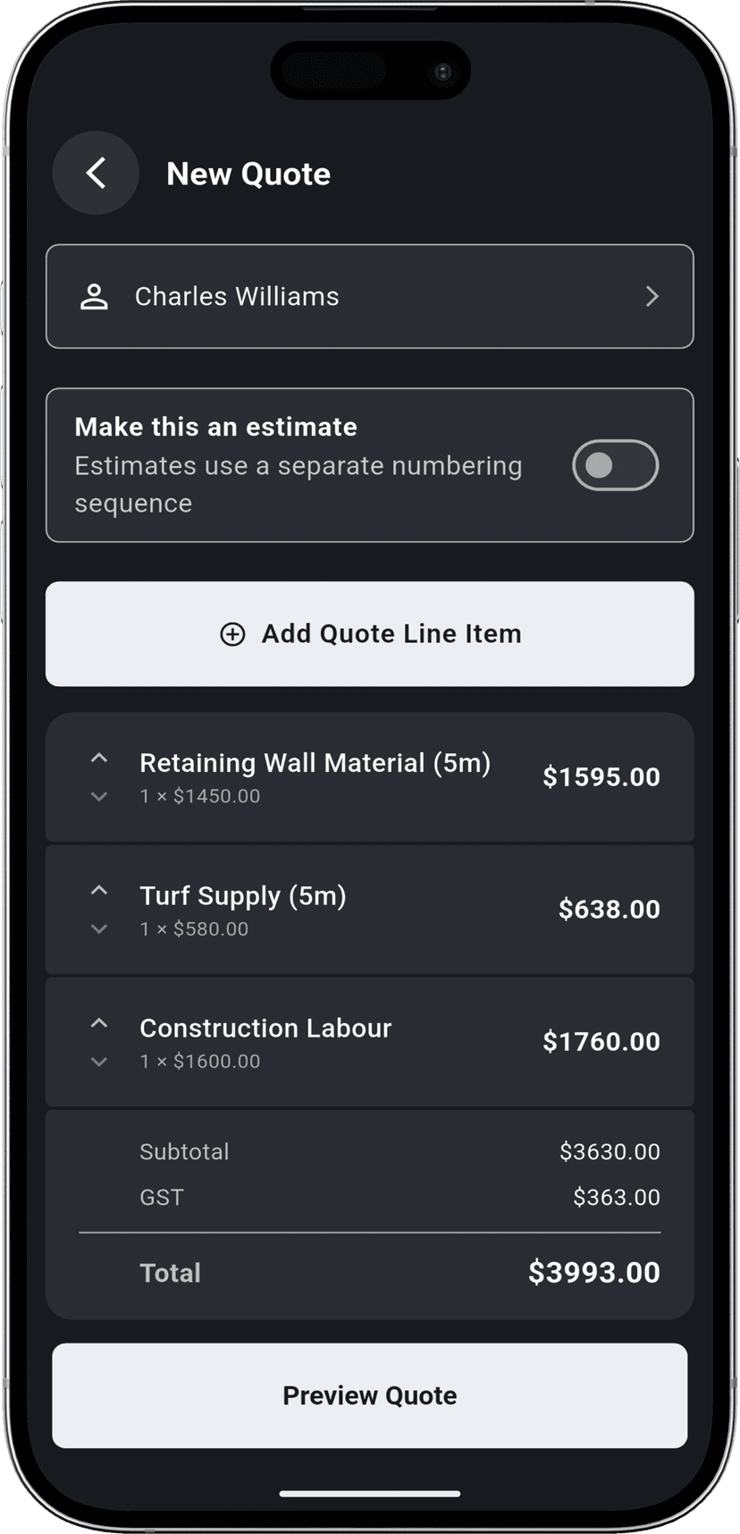 Building a quote on site with mobile app