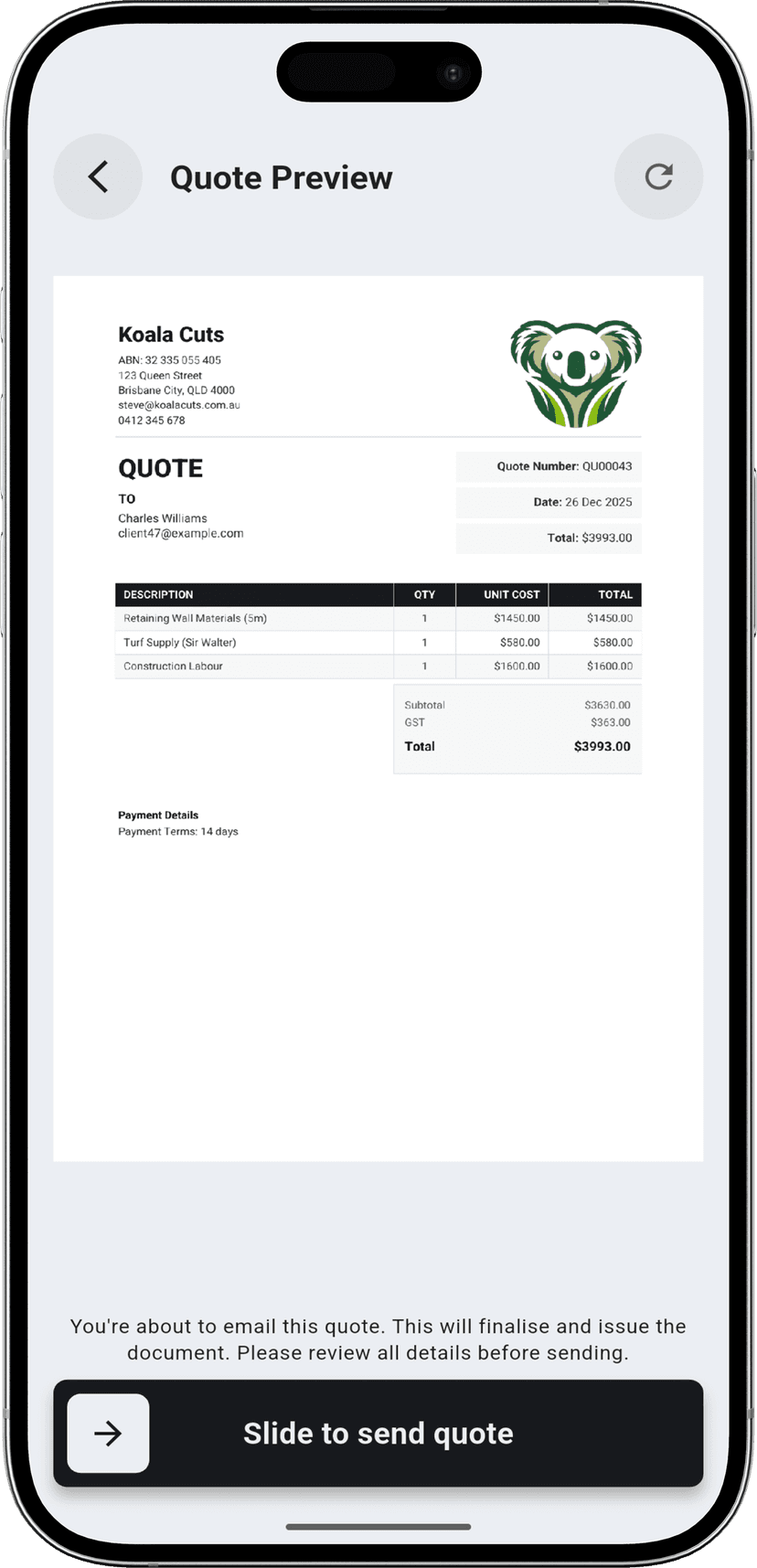 Sending quote instantly via app