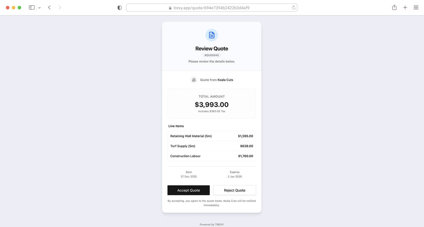 Professional quote viewed in browser