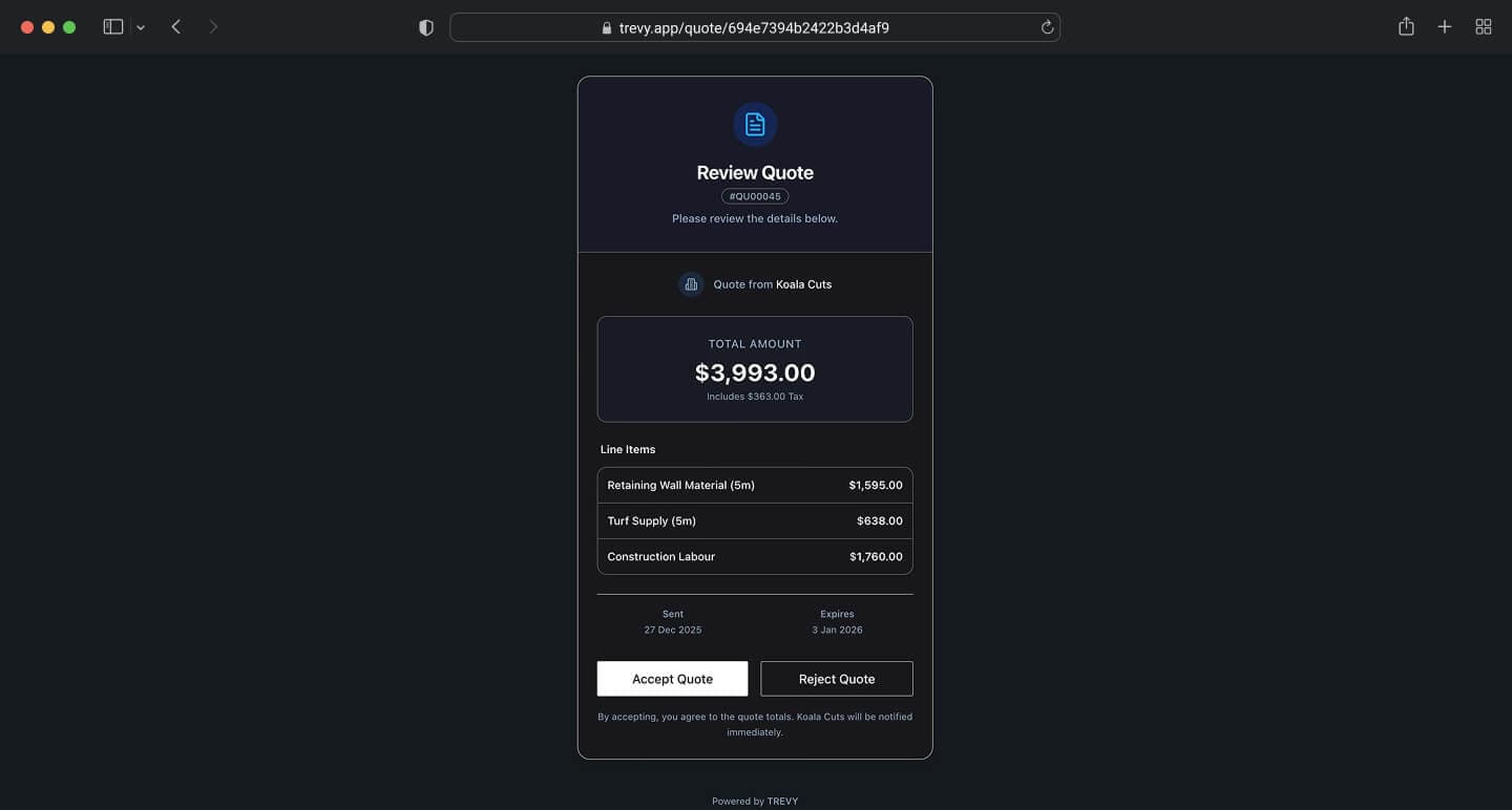 Professional quote viewed in browser