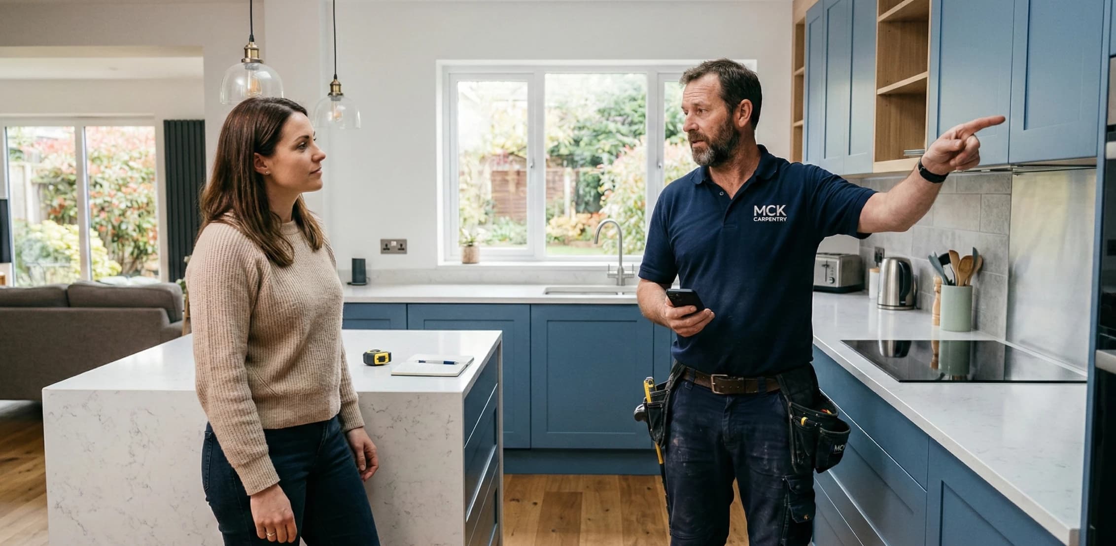 Contractor discussing a kitchen renovation with a homeowner