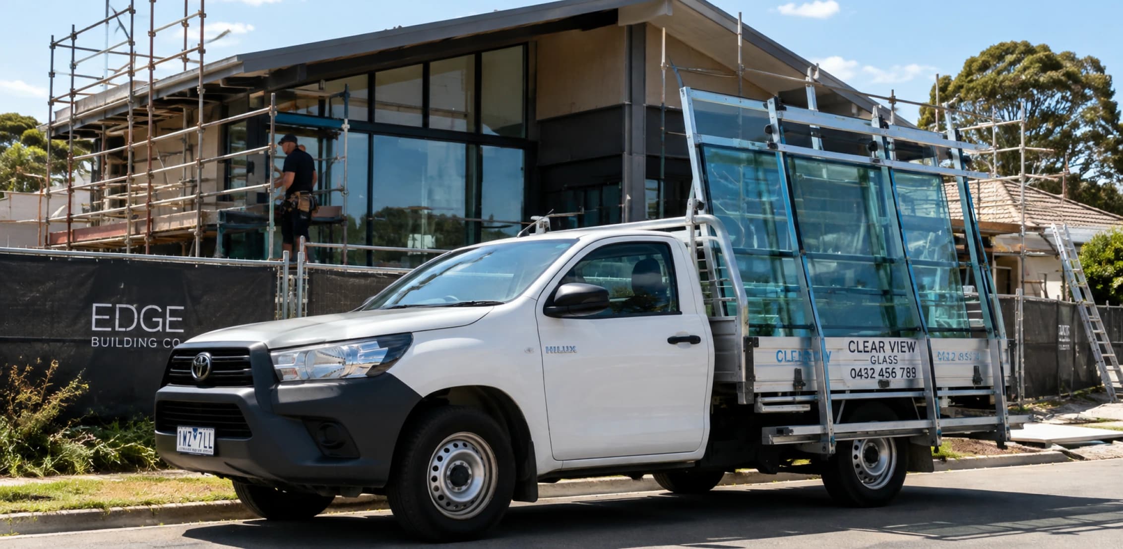 An Australian glazier standing beside his work ute with glass carrying equipment