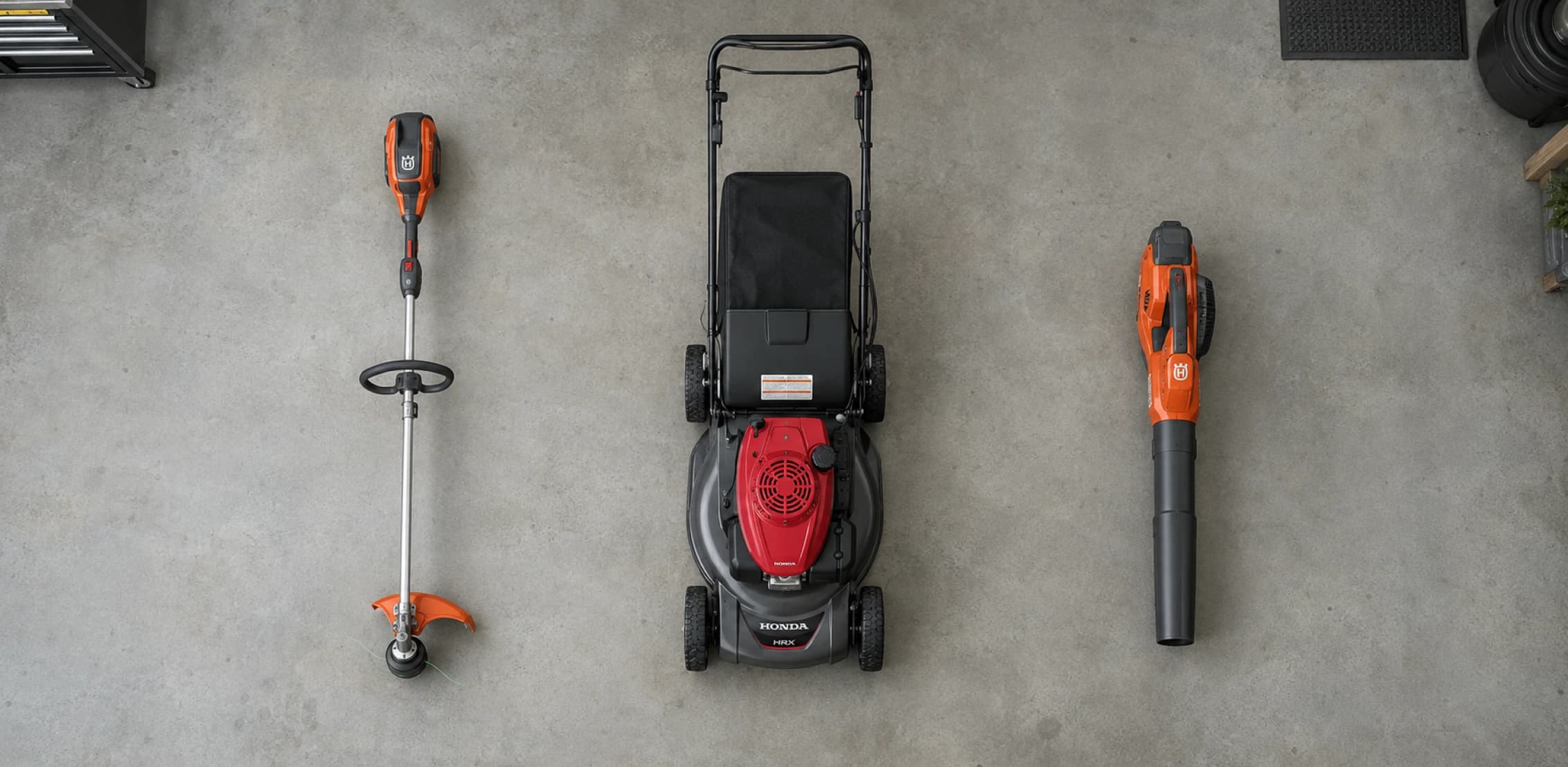 A Husqvarna 525iLXT line trimmer, Honda HRC216HXA mower and Husqvarna Leaf Blaster 350 arranged for a lawn care business