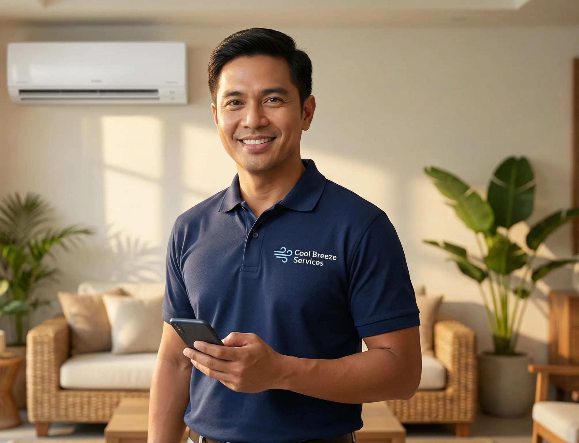 Smiling tradesman holding phone using TREVY Field Service Management App to schedule jobs, send quotes, and manage business