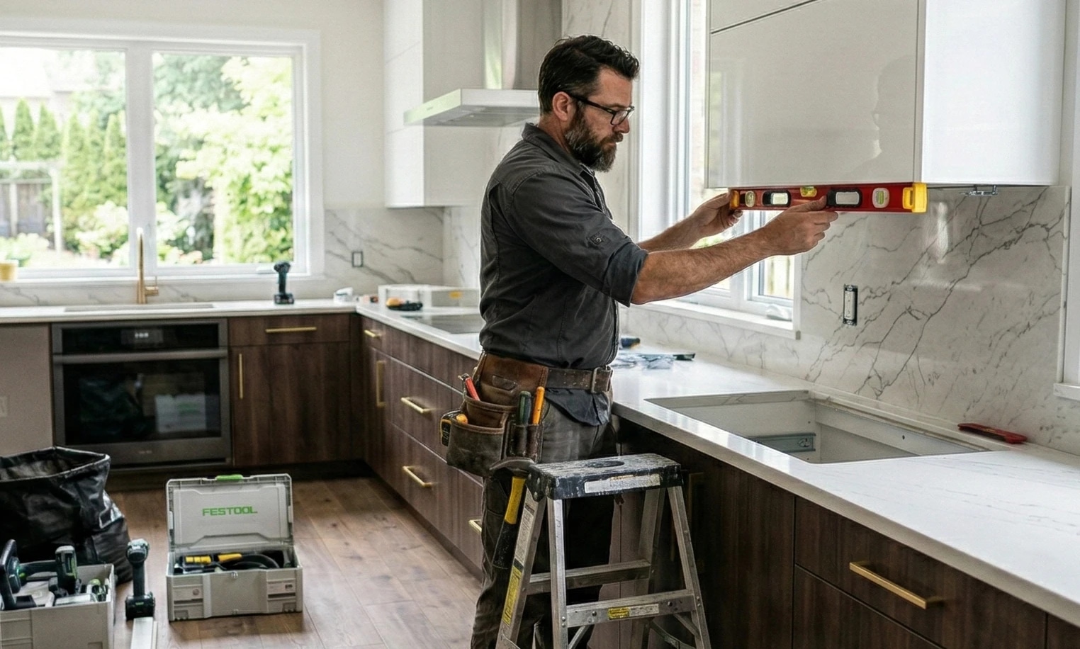 Carpenter installing and leveling cabinetry in a modern kitchen