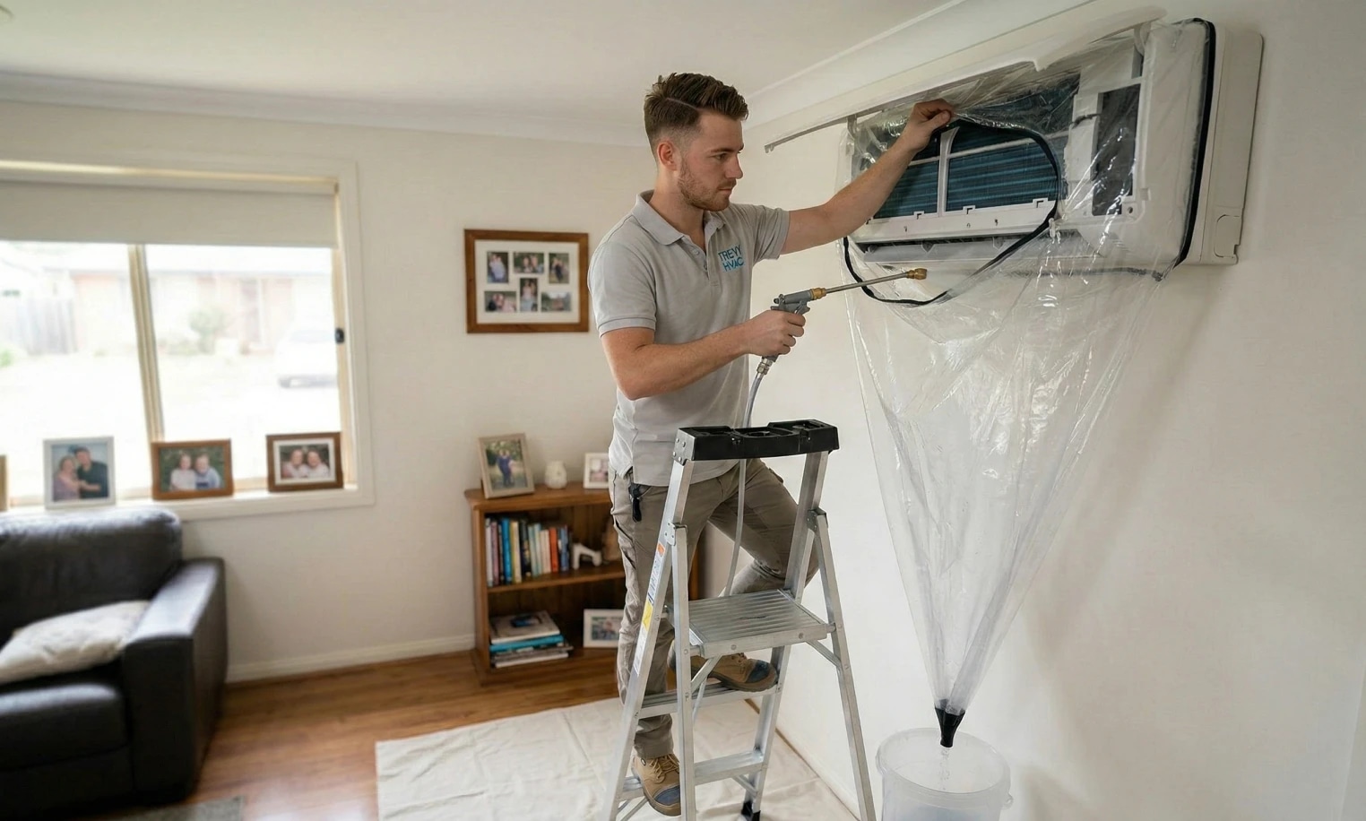 HVAC technician cleaning a wall-mounted indoor air conditioning unit from a step ladder inside a home